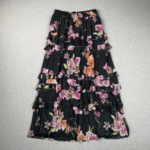 1. STATE Skirt Womens M Black Pink Floral Maxi Tiered Ruffle Boho Whimsigoth - Picture 1 of 14